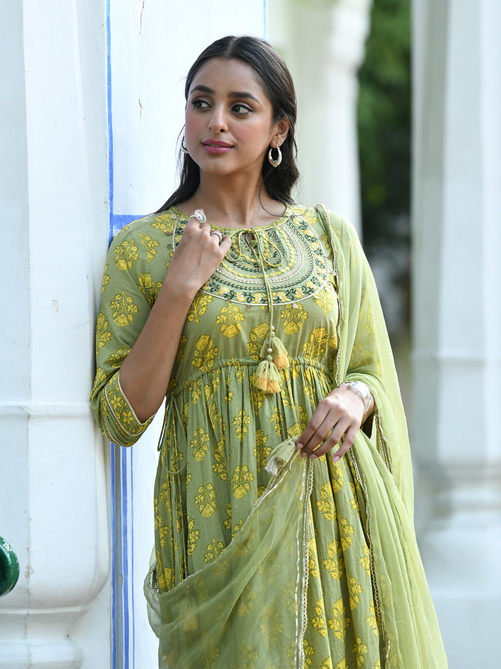 Green Printed Flared Kurta Suit Set
