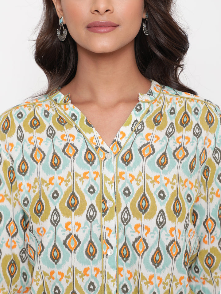 Woman posing in Savi's IKat  Multicolor rayon designer Shirt Top