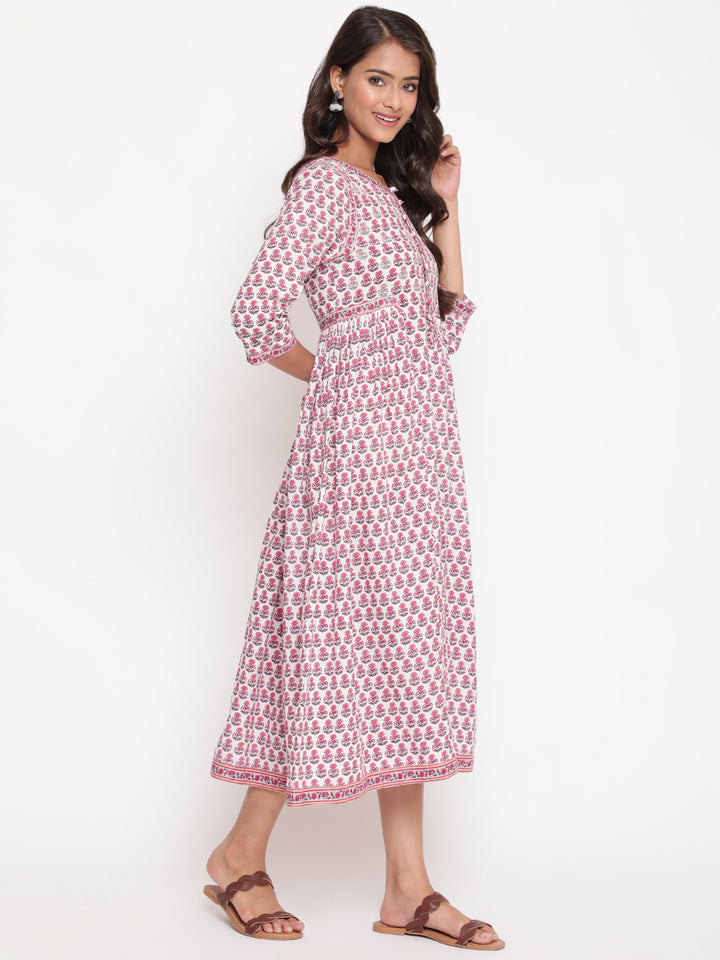 Woman posing in Savi's Cotton Block Printed White Flared Dress