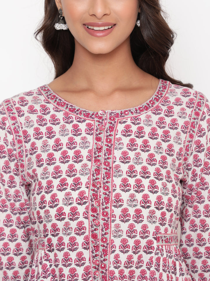 Woman posing in Savi's Cotton Block Printed White Flared Dress