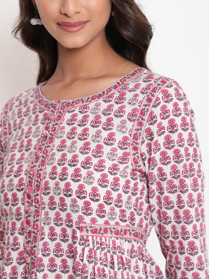 Woman posing in Savi's Cotton Block Printed White Flared Dress