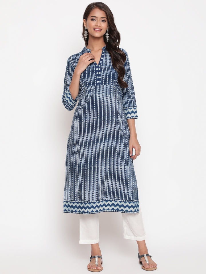 Woman posing in Indigo Cotton Block Printed Straight Fit Kurta