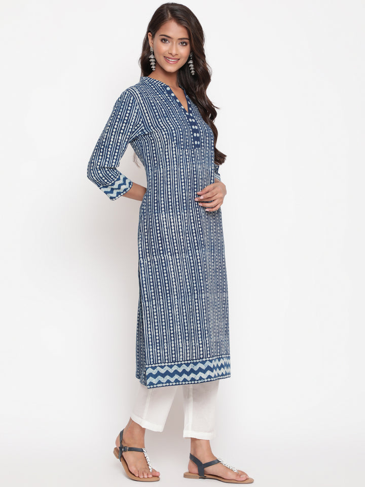 Woman posing in Indigo Cotton Block Printed Straight Fit Kurta