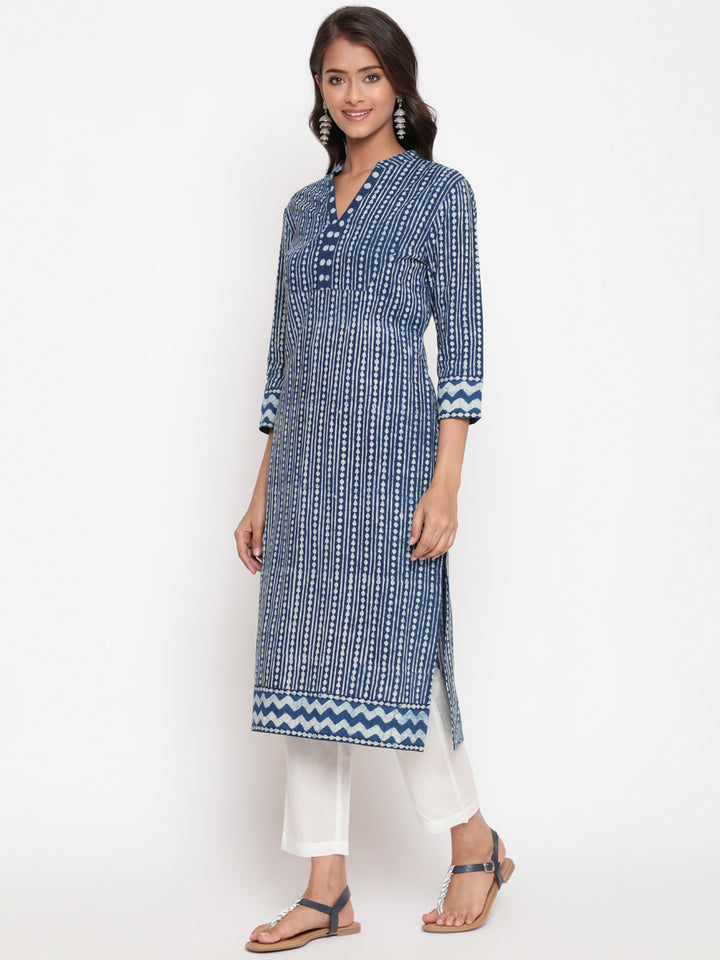 Woman posing in Indigo Cotton Block Printed Straight Fit Kurta