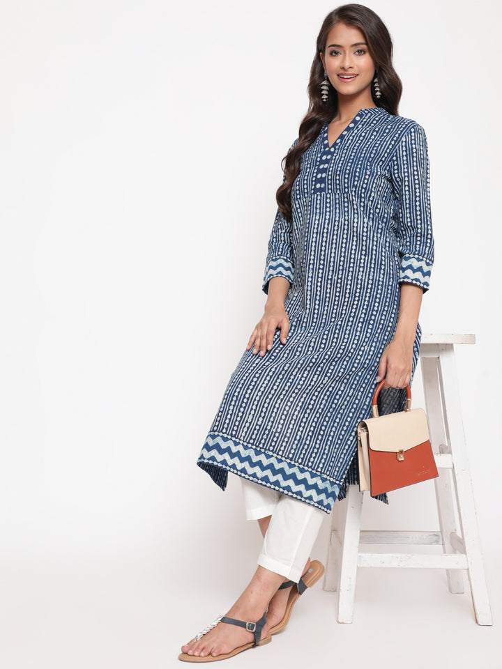 Woman posing in Indigo Cotton Block Printed Straight Fit Kurta