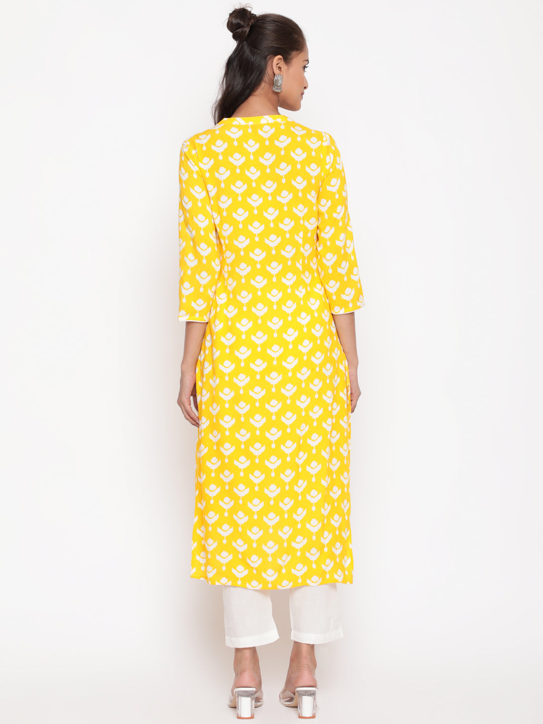 Savi model posing in Yellow Printed Mandarin Collar High Low Kurta