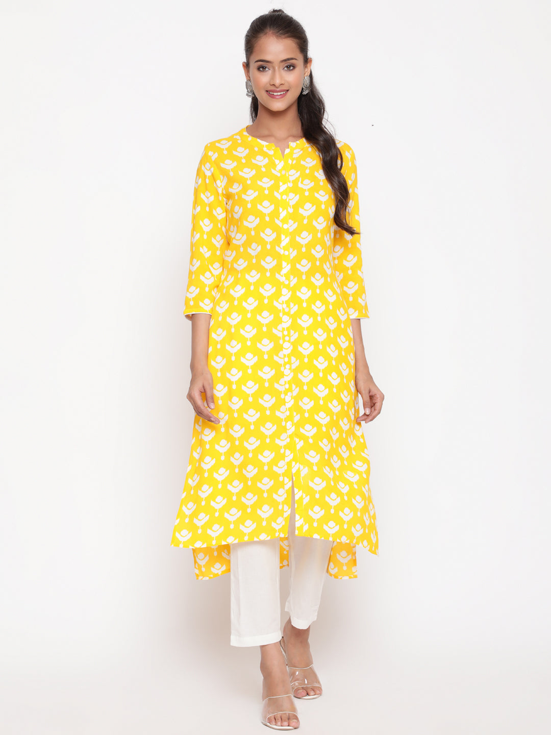Savi model posing in Yellow Printed Mandarin Collar High Low Kurta