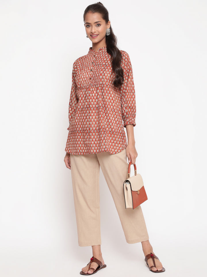 Woman posing in Rust Bagru Printed Cotton Mandarin Collar Tunic