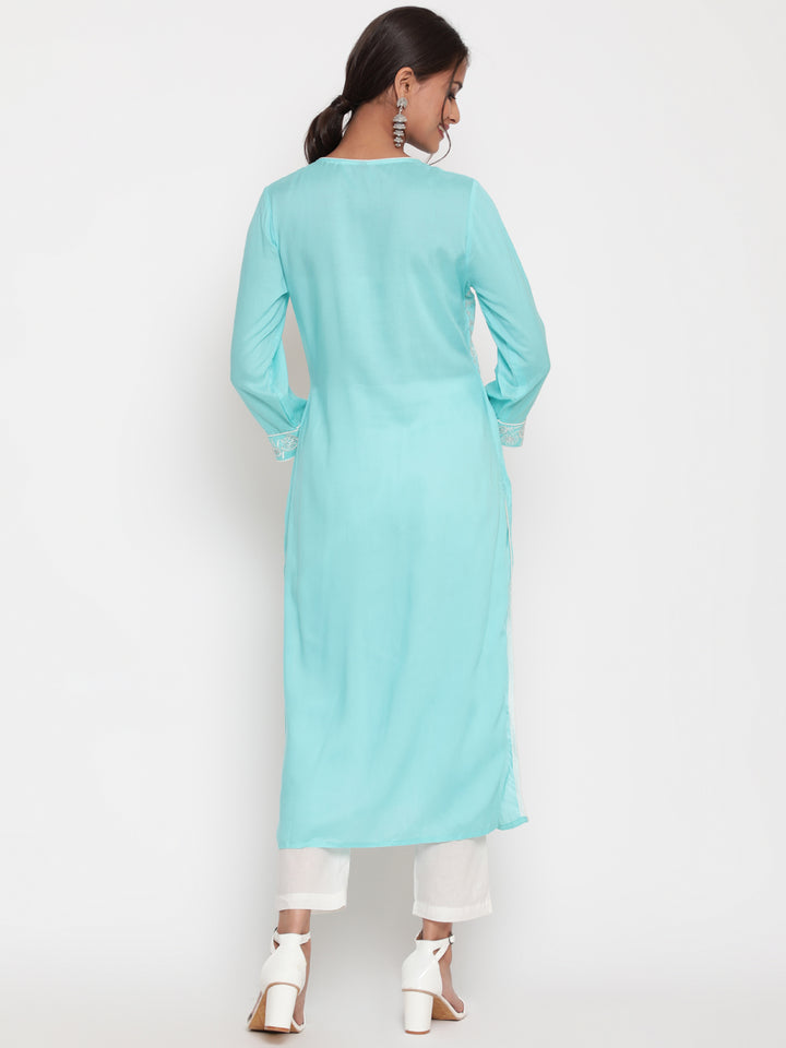 Savi model wearing Embroidered SKy Blue Modal A Line Kurta