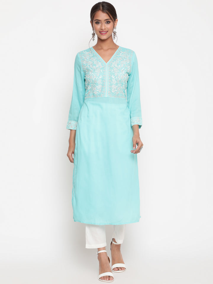 Savi model wearing Embroidered SKy Blue Modal A Line Kurta