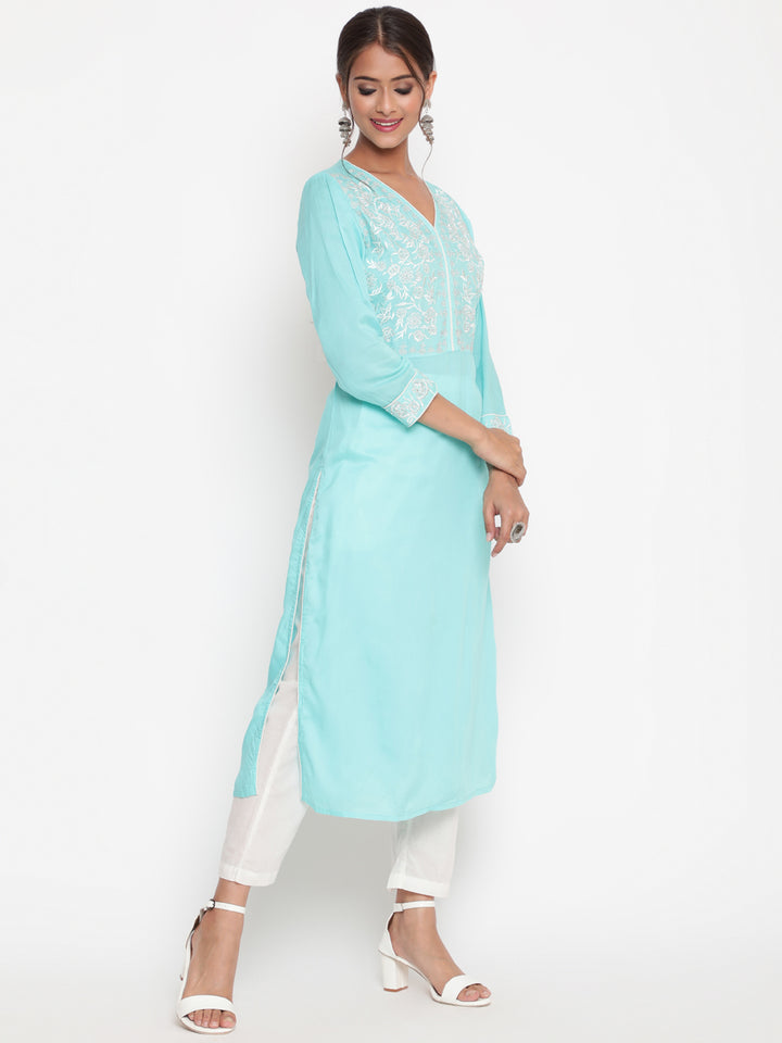 Savi model wearing Embroidered SKy Blue Modal A Line Kurta