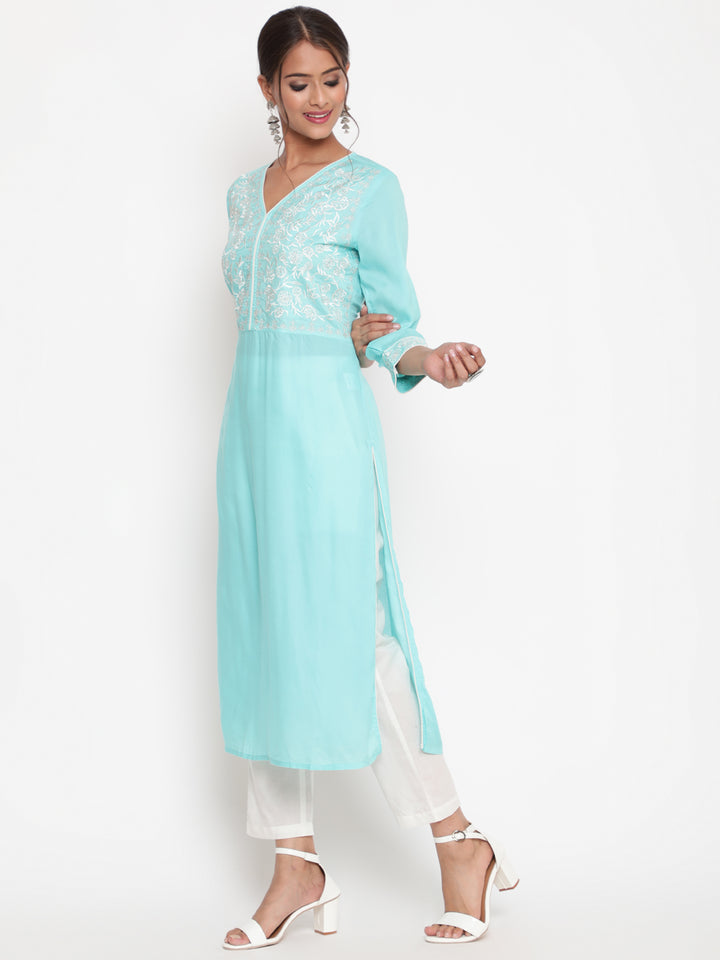 Savi model wearing Embroidered SKy Blue Modal A Line Kurta