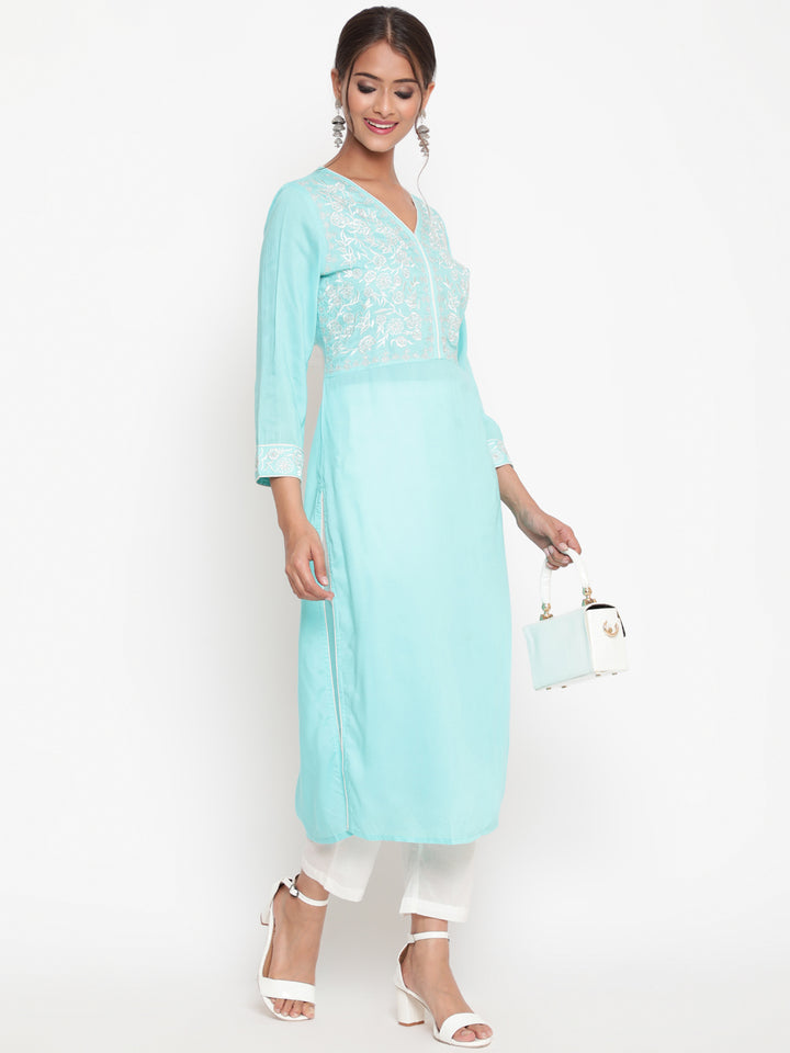Savi model wearing Embroidered SKy Blue Modal A Line Kurta