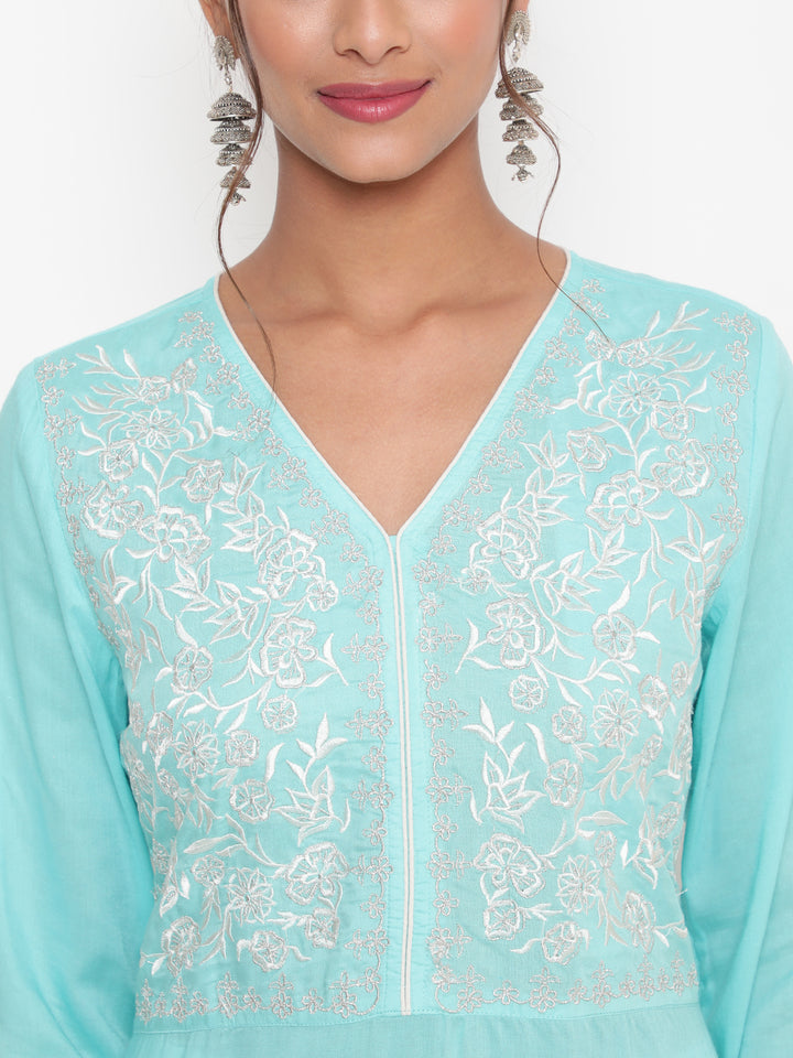 Savi model wearing Embroidered SKy Blue Modal A Line Kurta