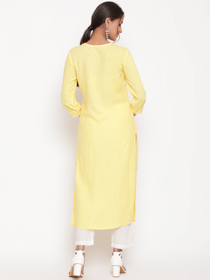 Savi model wearing Light Yellow Embroidered Casual A Line Kurta