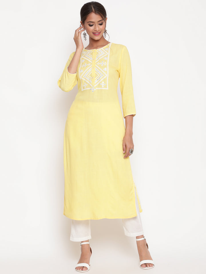 Savi model wearing Light Yellow Embroidered Casual A Line Kurta