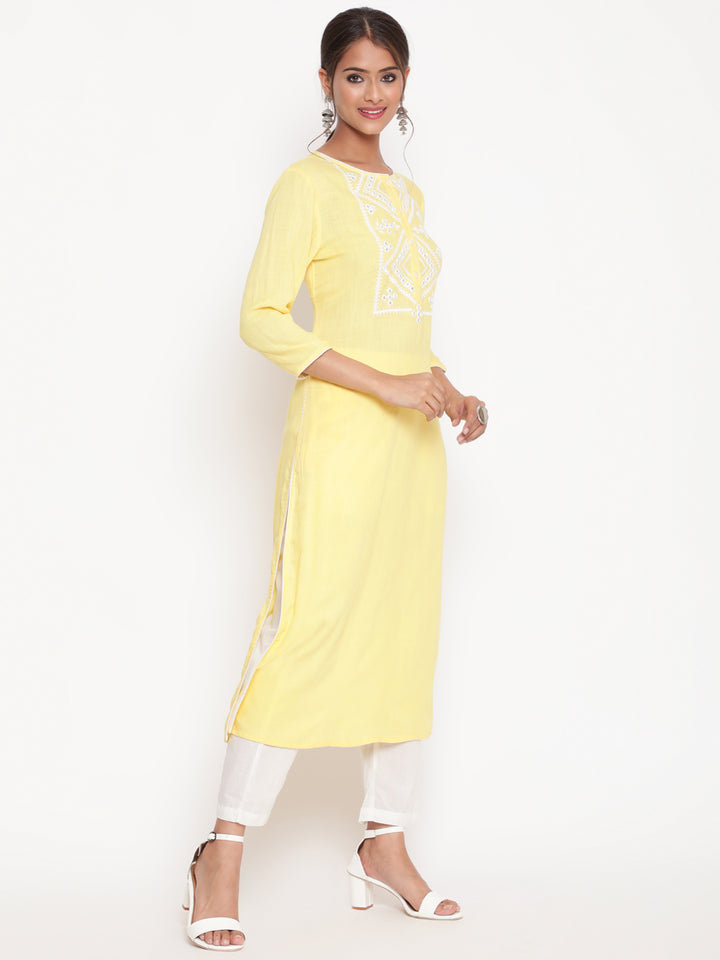 Savi model wearing Light Yellow Embroidered Casual A Line Kurta