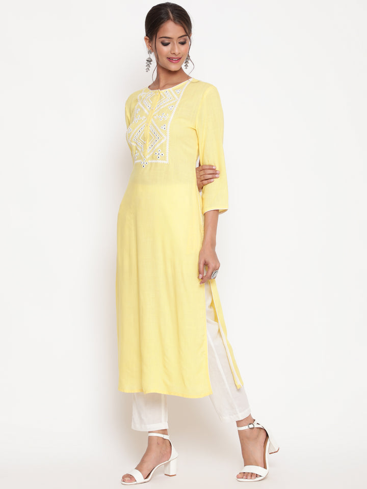 Savi model wearing Light Yellow Embroidered Casual A Line Kurta