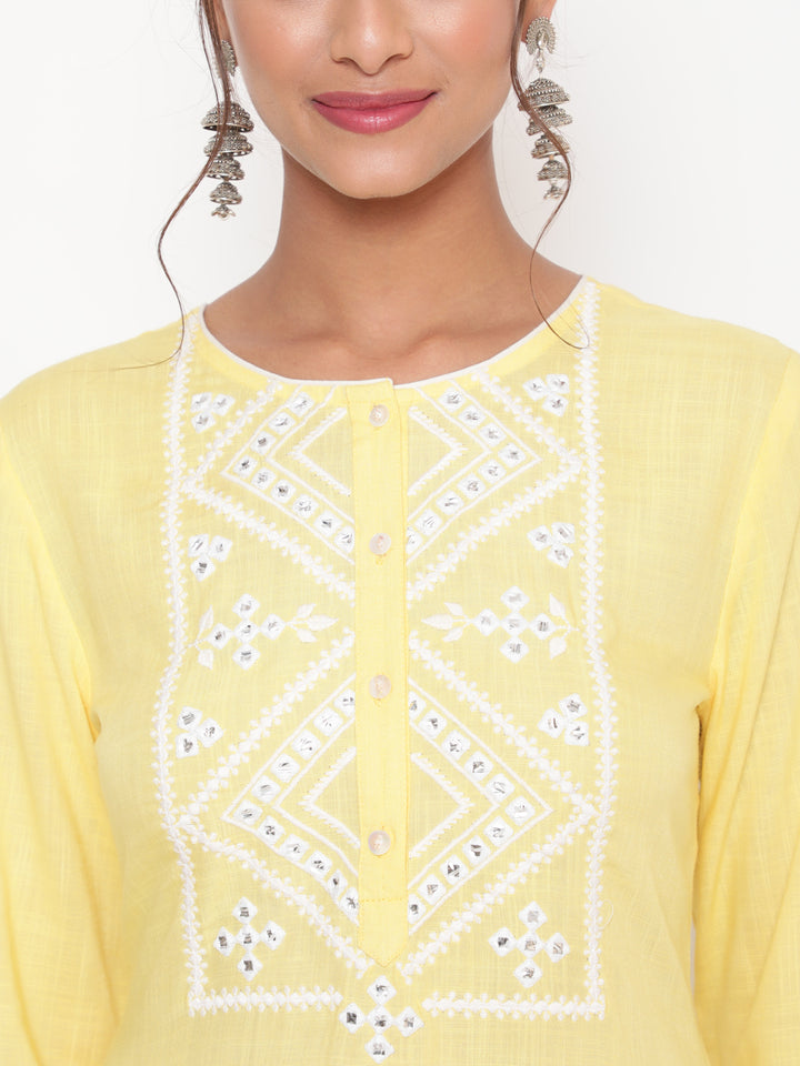 Savi model wearing Light Yellow Embroidered Casual A Line Kurta