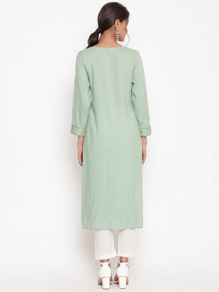 Sage Green Embroidered A-Line Casual Kurta