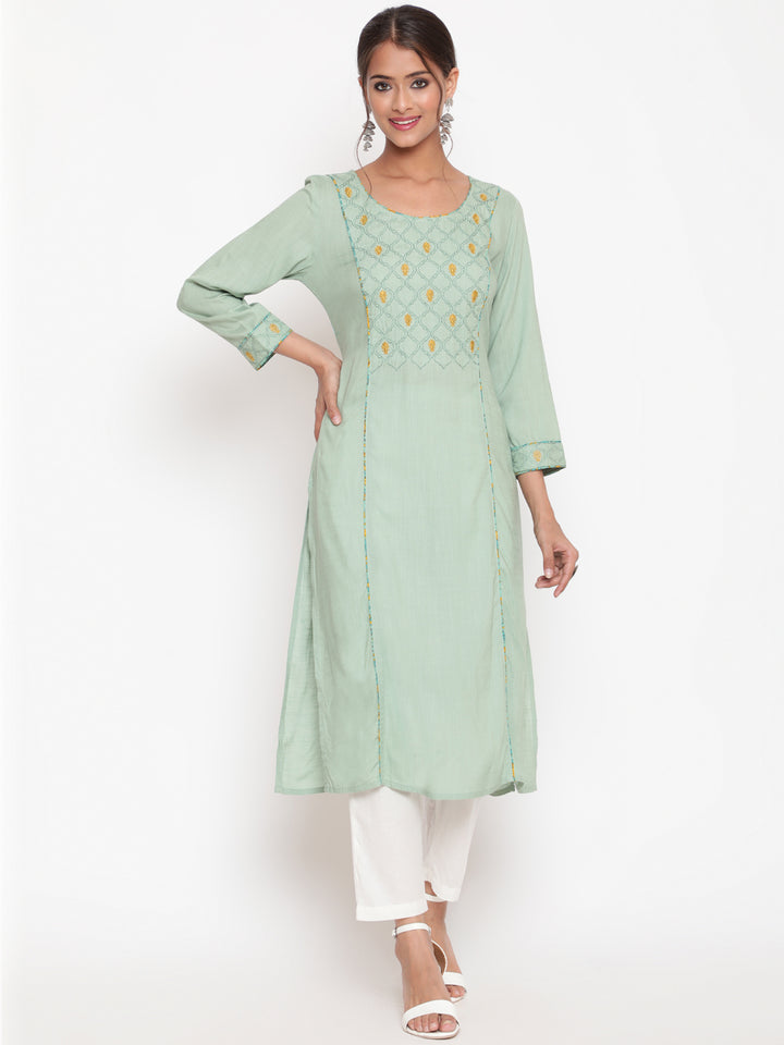 Sage Green Embroidered A-Line Casual Kurta