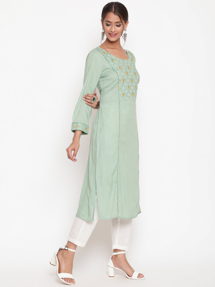 Sage Green Embroidered A-Line Casual Kurta