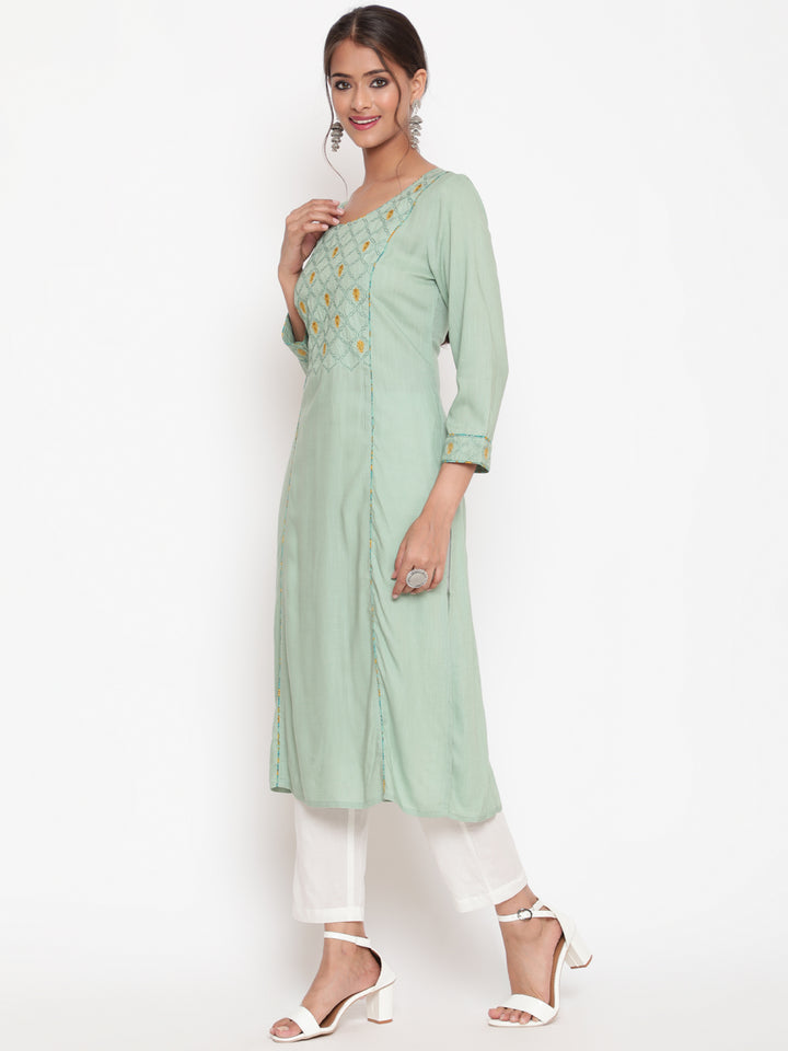Sage Green Embroidered A-Line Casual Kurta