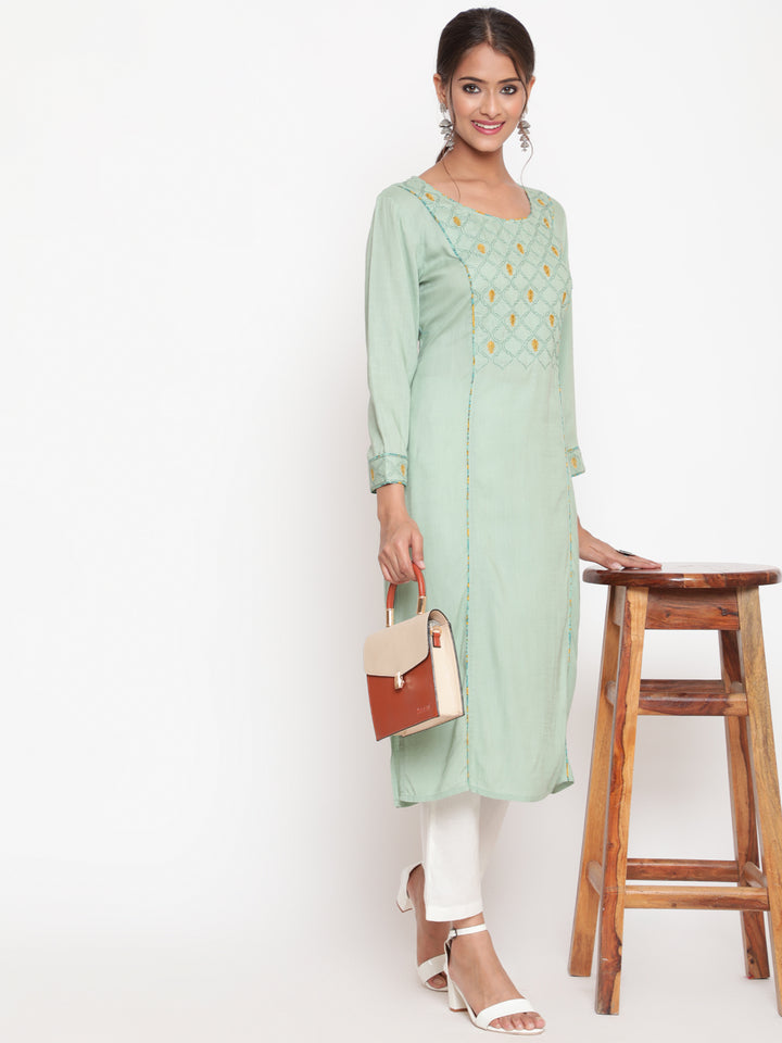 Sage Green Embroidered A-Line Casual Kurta