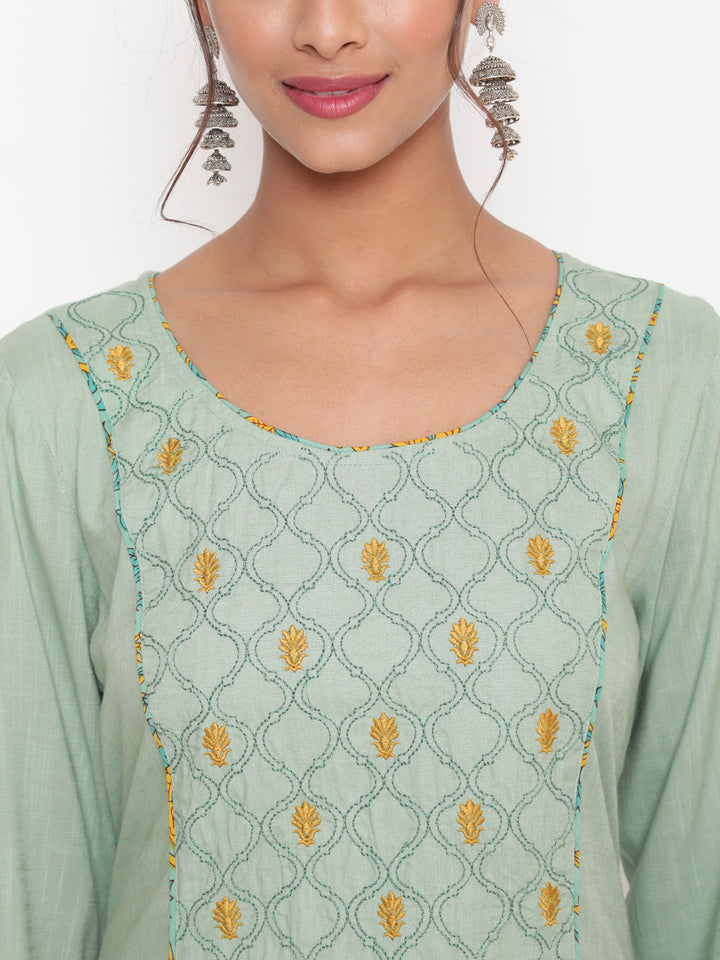 Sage Green Embroidered A-Line Casual Kurta