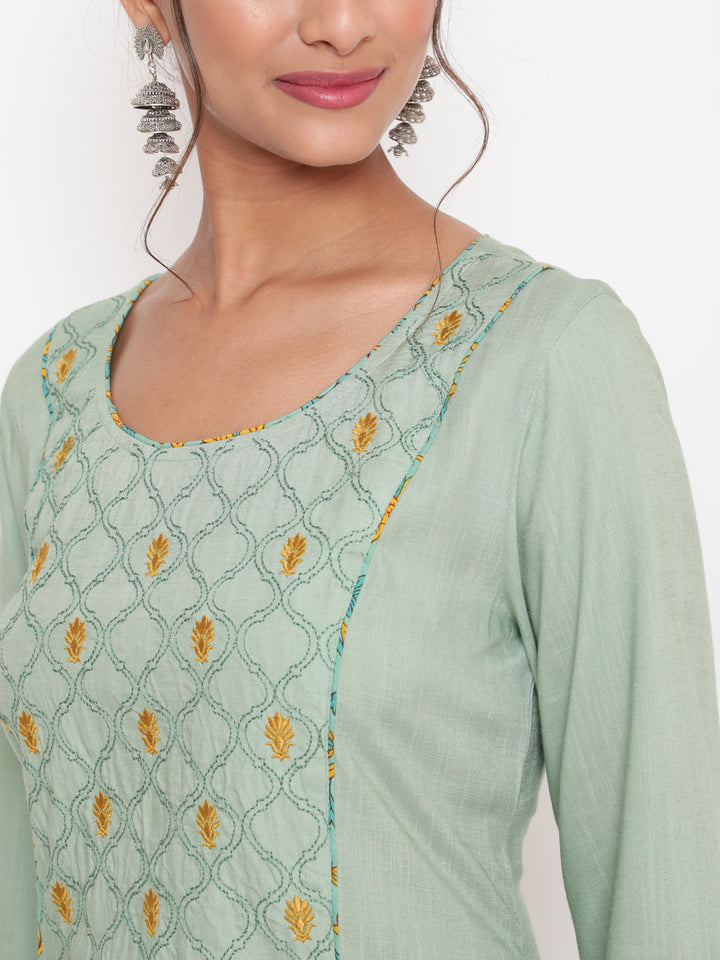 Sage Green Embroidered A-Line Casual Kurta