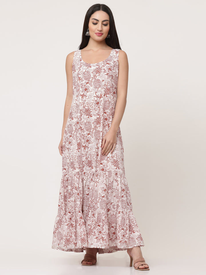 Rust Block Printed Layered Kurta With Tiered Inner And Dupatta