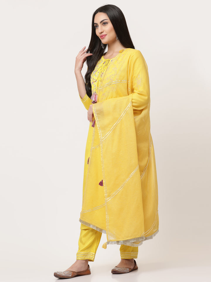 Yellow Embroidered Kurta Pant Set With Dupatta