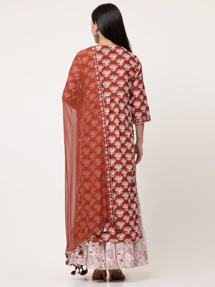 Rust Block Printed Layered Kurta With Tiered Inner And Dupatta