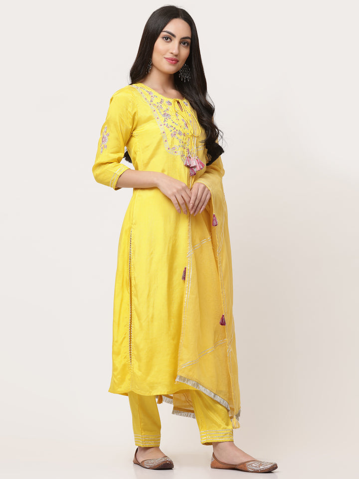 Yellow Embroidered Kurta Pant Set With Dupatta
