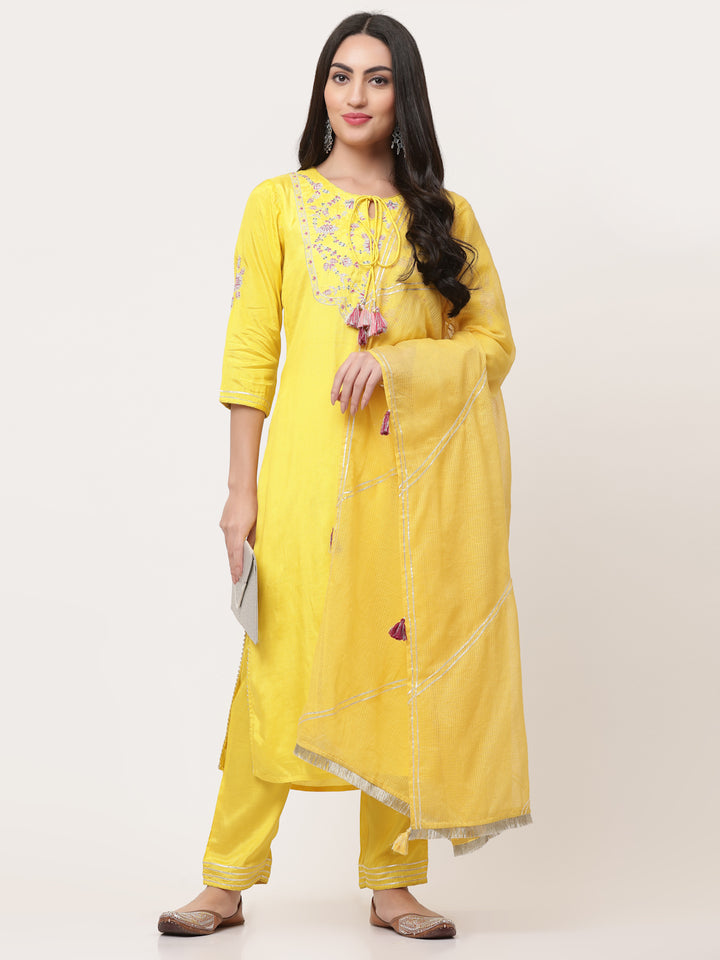 Yellow Embroidered Kurta Pant Set With Dupatta
