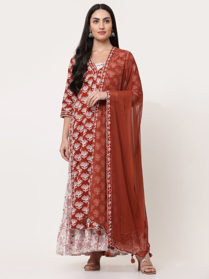 Rust Block Printed Layered Kurta With Tiered Inner And Dupatta