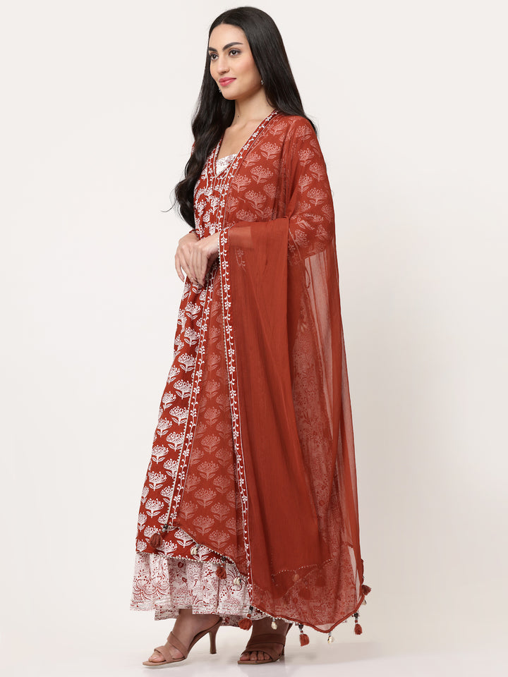 Rust Block Printed Layered Kurta With Tiered Inner And Dupatta