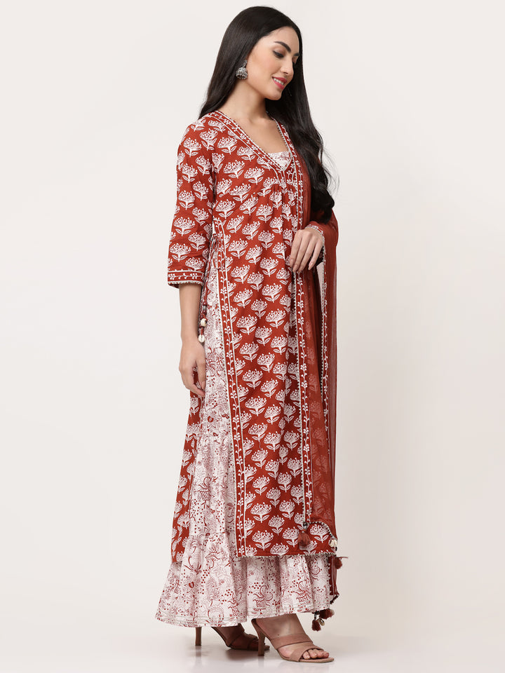 Rust Block Printed Layered Kurta With Tiered Inner And Dupatta