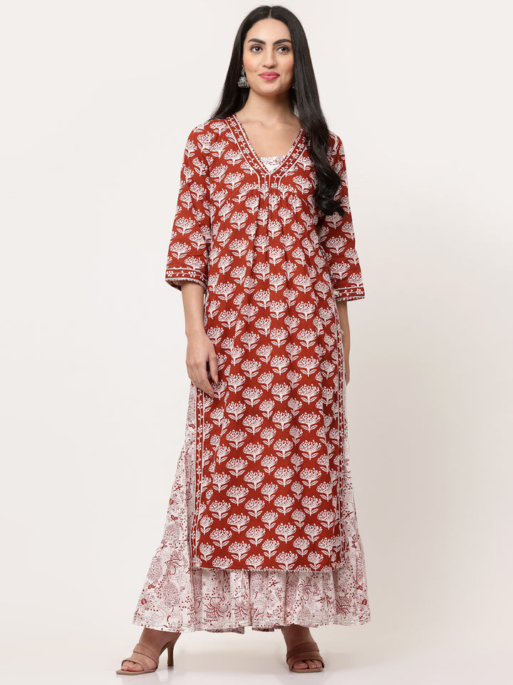 Rust Block Printed Layered Kurta With Tiered Inner And Dupatta
