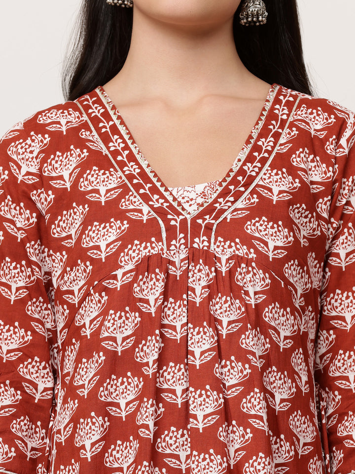 Rust Block Printed Layered Kurta With Tiered Inner And Dupatta