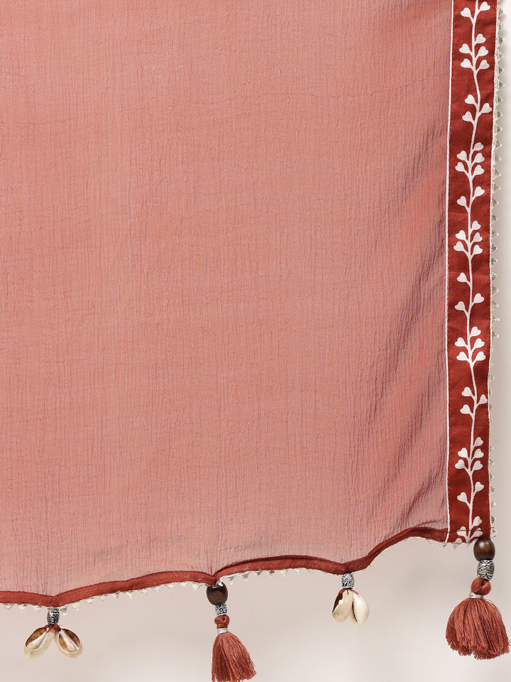 Rust Block Printed Layered Kurta With Tiered Inner And Dupatta
