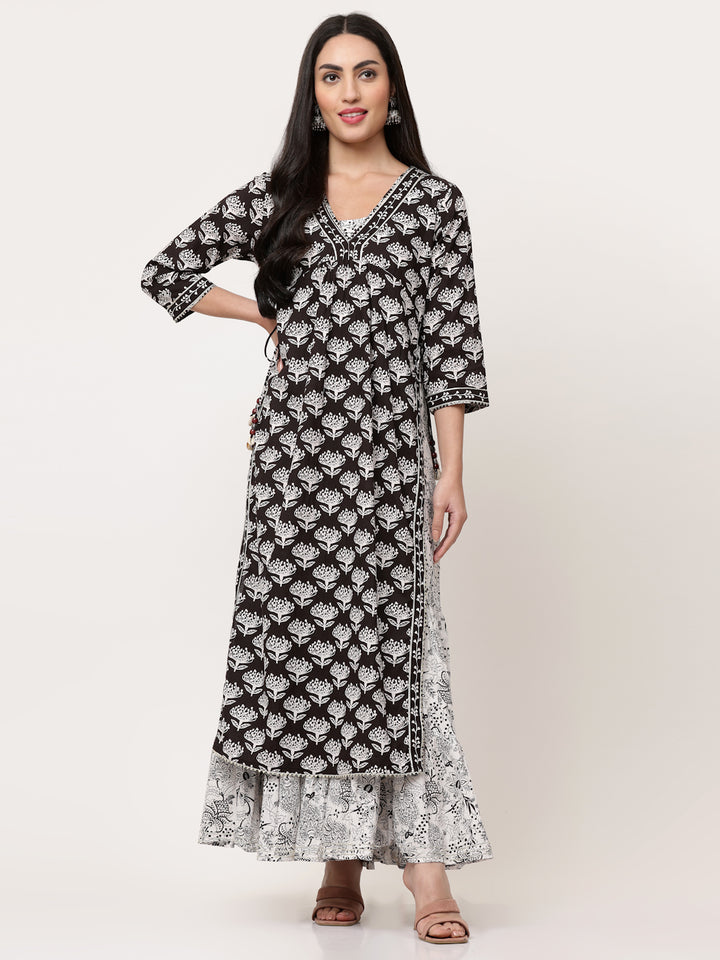 Black Block Printed Layered Kurta With Tiered Inner And Dupatta