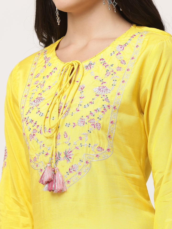 Yellow Embroidered Kurta Pant Set With Dupatta