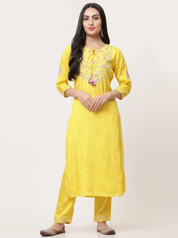 Yellow Embroidered Kurta Pant Set With Dupatta
