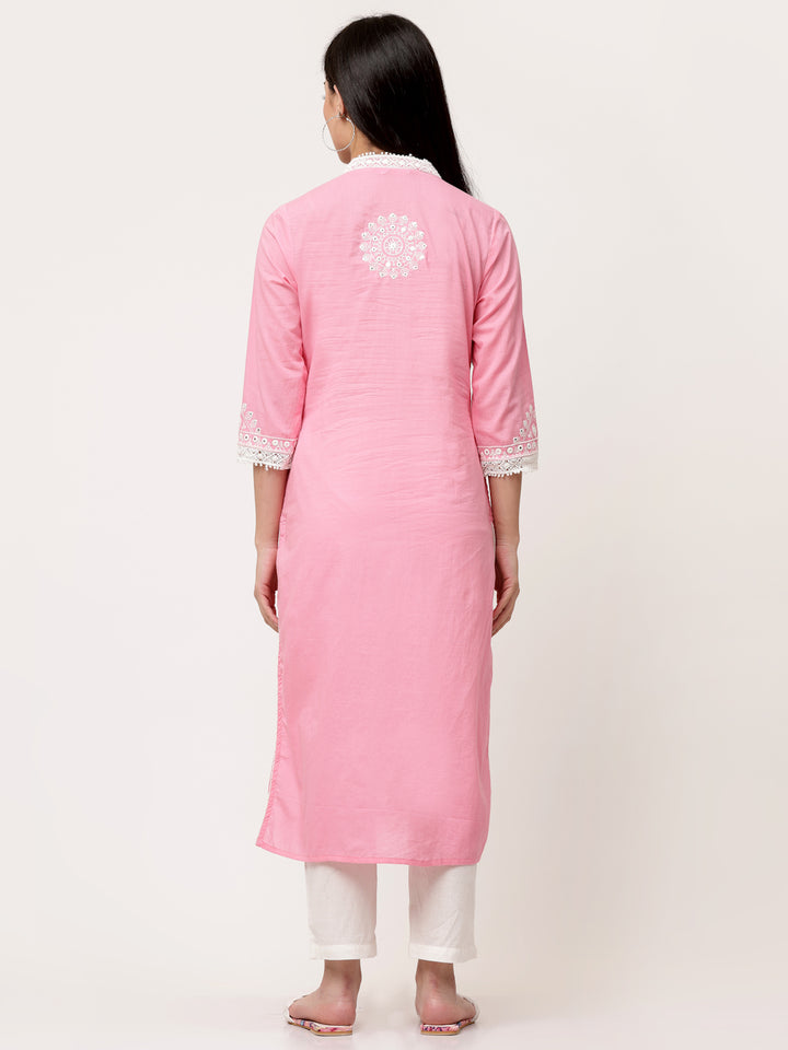Pastel Pink Cotton Embroidered Straight Kurta