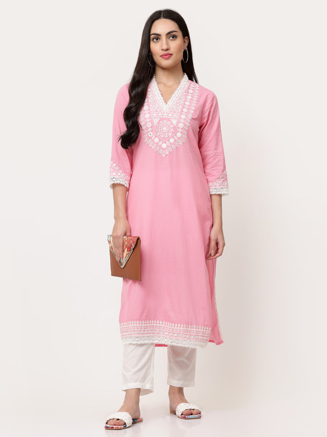 Pastel Pink Cotton Embroidered Straight Kurta