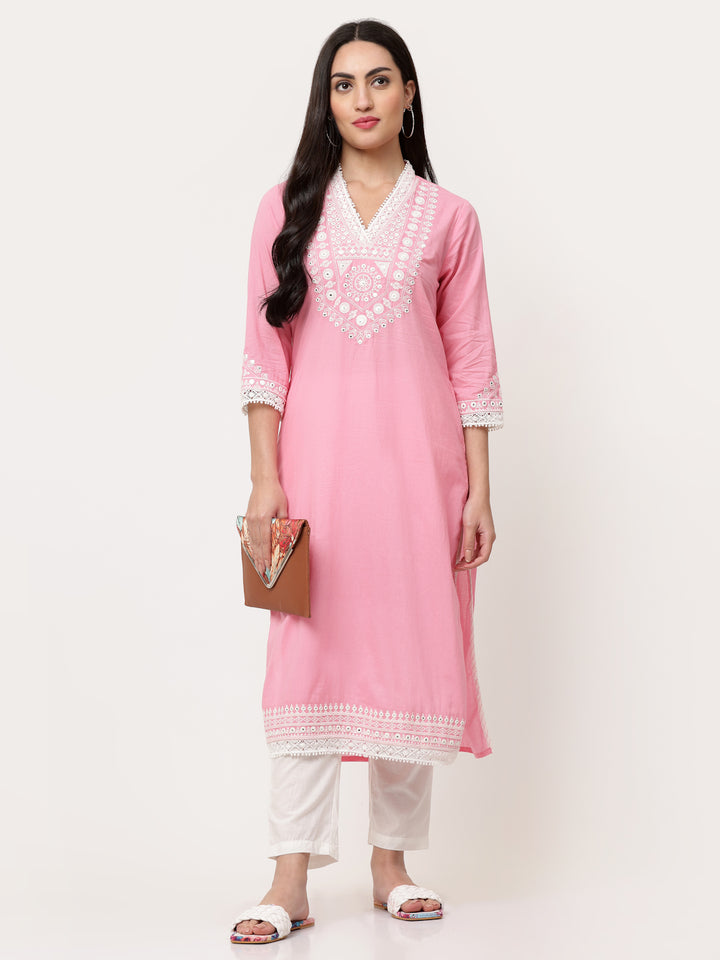 Pastel Pink Cotton Embroidered Straight Kurta