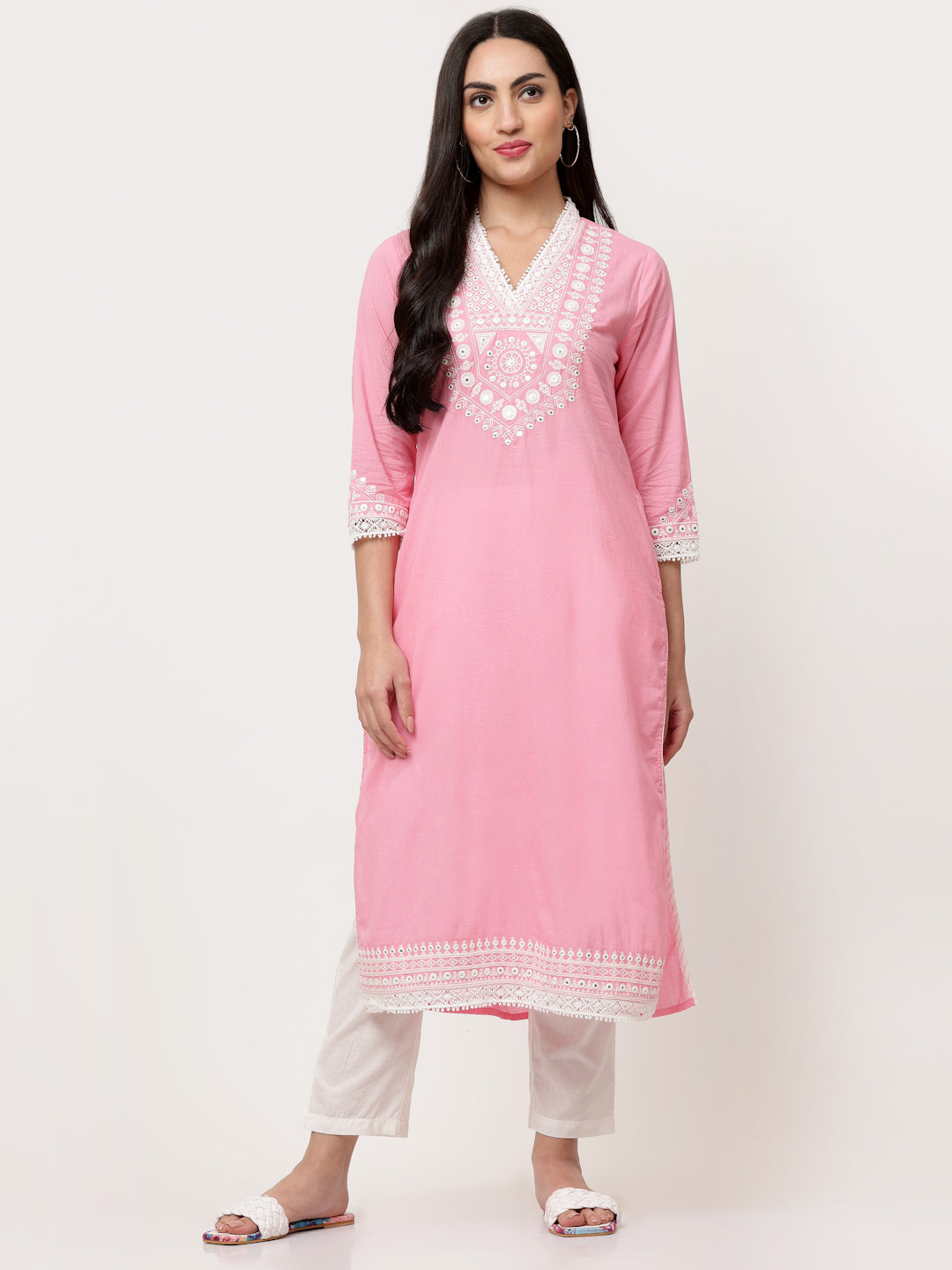 Pastel Pink Cotton Embroidered Straight Kurta