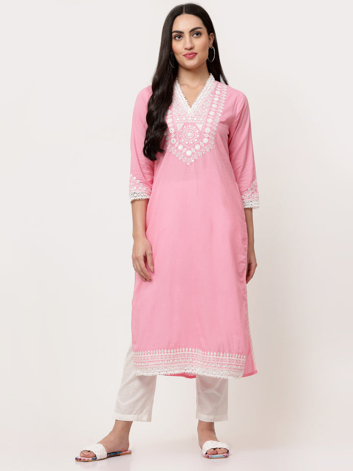 Pastel Pink Cotton Embroidered Straight Kurta