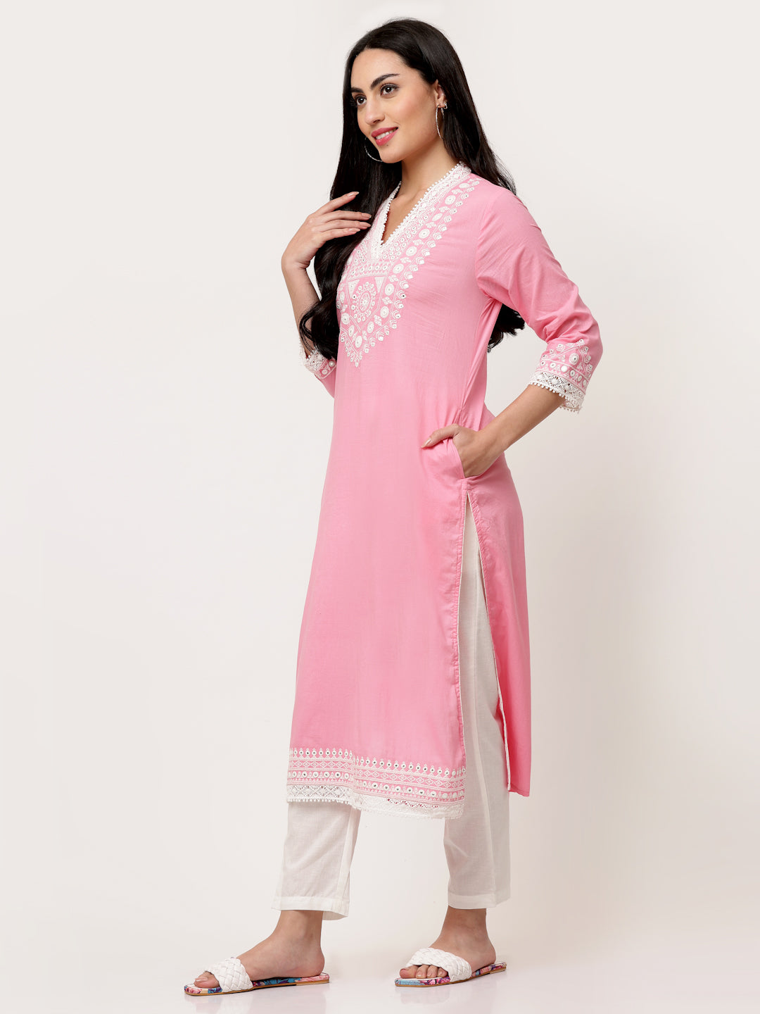 Pastel Pink Cotton Embroidered Straight Kurta
